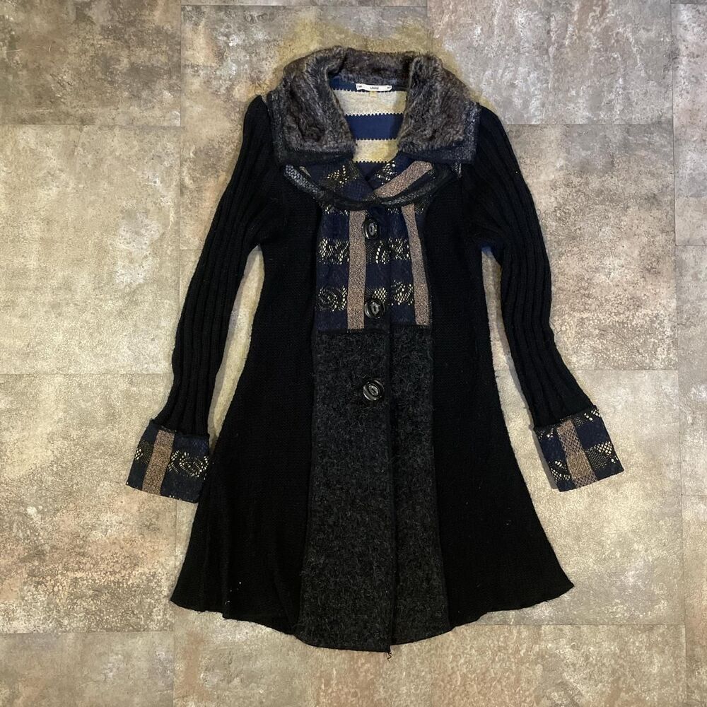 sioni long wool button up long sleeve black blue cardigan with fur size small